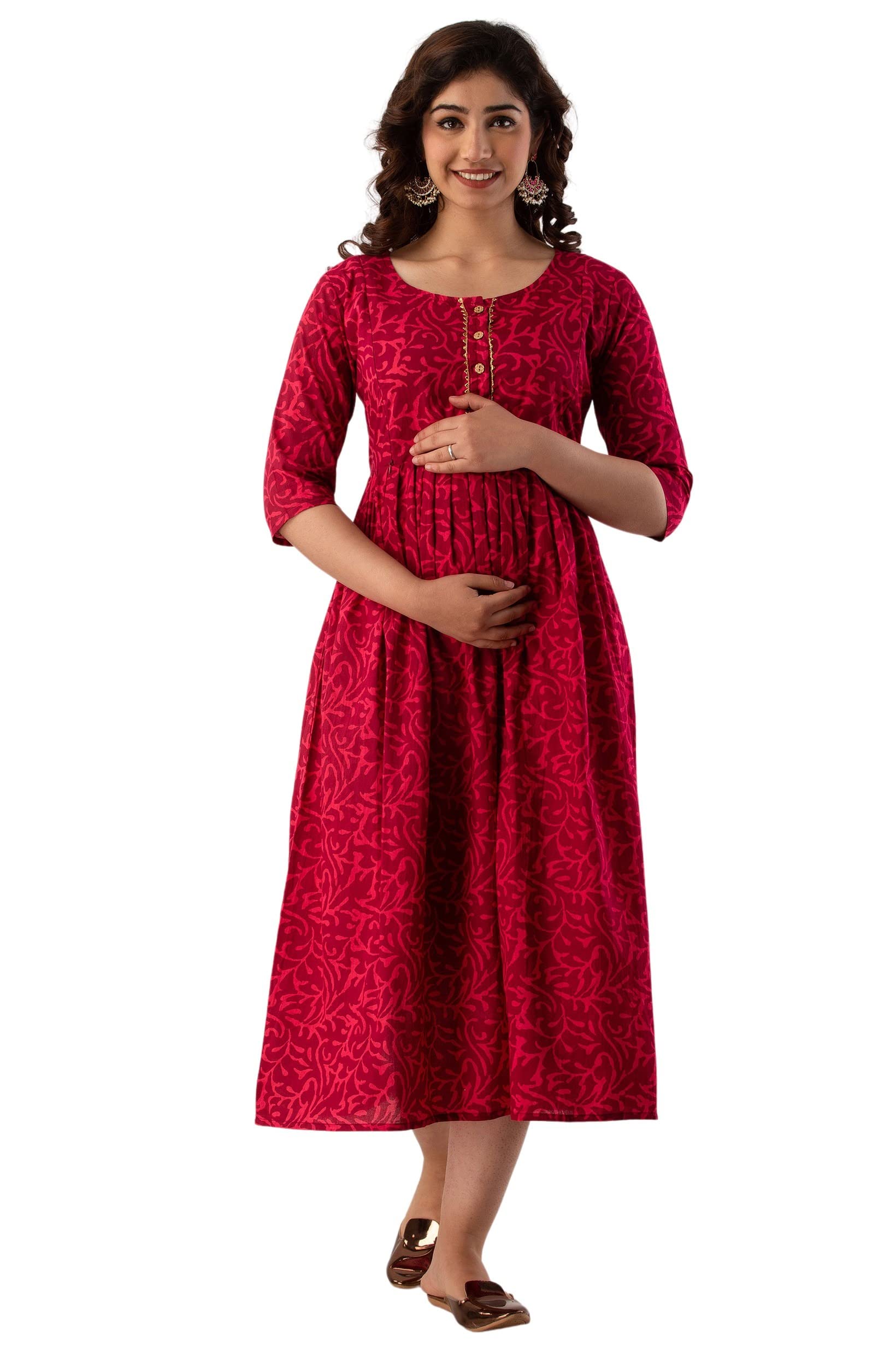 henal Women's Cotton A-Line Wine White Checks Maternity Dress Pregnancy Casual 3/4 Sleeve Dual Zipped for Feeding Nursing Maternity Comfort Dress Kurta-picture-16