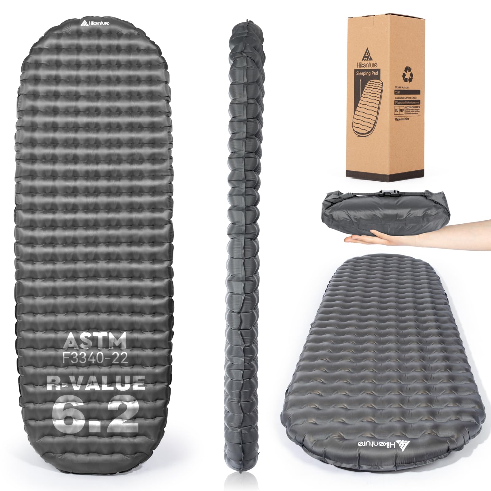 HIKENTURE Sleeping Pad, 6.2 R-Value Insulated Camping Mat with Pump Sack, Ultralight Inflatable Sleeping Mat, Portable Self Inflating Sleeping Pad for Camping Backpacking Hiking(186L x 64W)