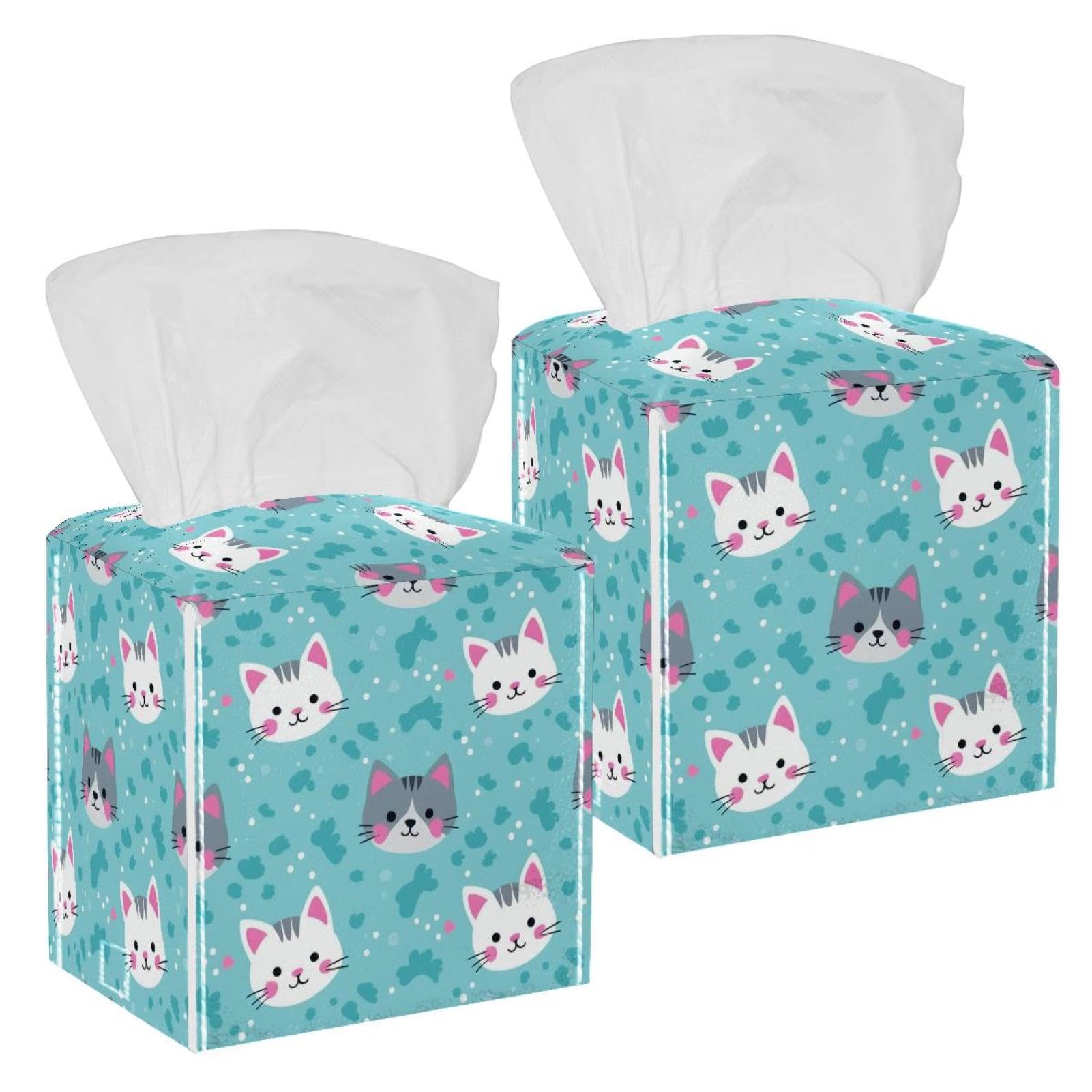 Lovely Cat Tissue Box Cover, 2 Pack PU Leather Square Facial Tissue Dispenser Box holder for Home Office Car