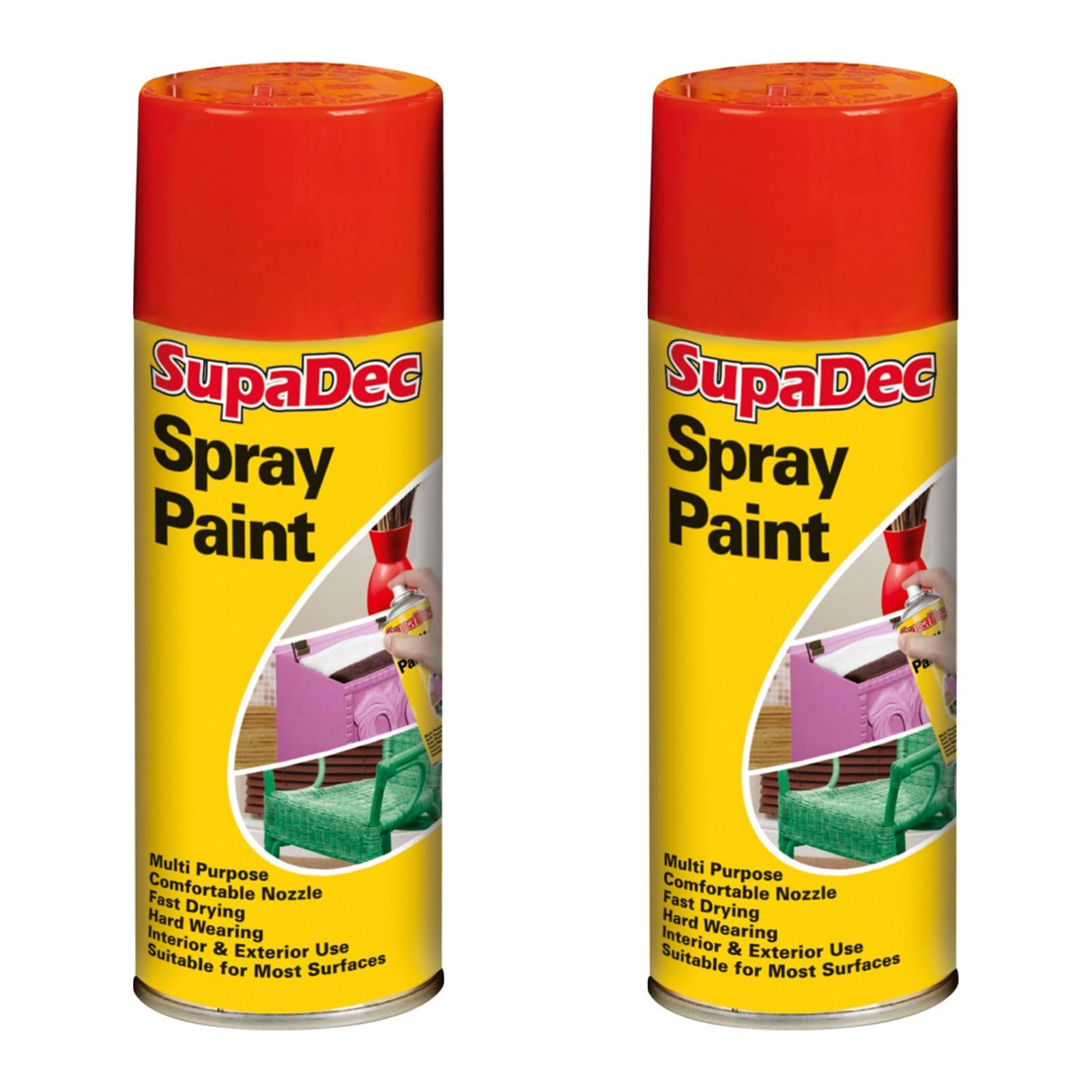 HOCHSTE SupaDec Multi-Purpose Spray Paint, Fast Drying, Durable Finish for Wood, Metal, Masonry, Interior & Exterior Use, Ideal for Craft & Home Projects, 400ml, (Bright Red, Pack of 2)