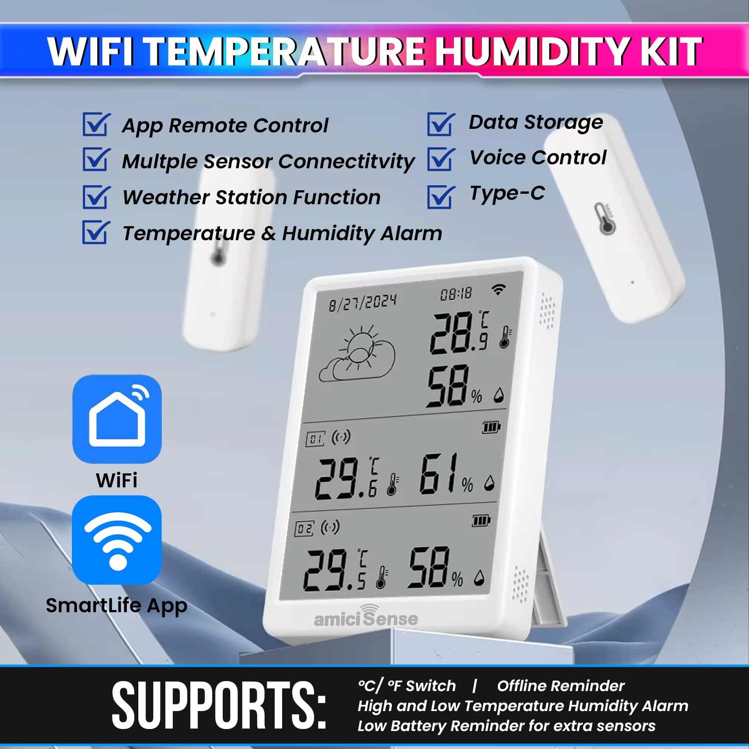 amiciSense Digital Weather Station, Indoor/Outdoor Temperature and Humidity Monitoring Device with Date & Time Display | Dual External Sensors and Data Export Feature, Compatible with SmartLife App - Image 2 thumbnail
