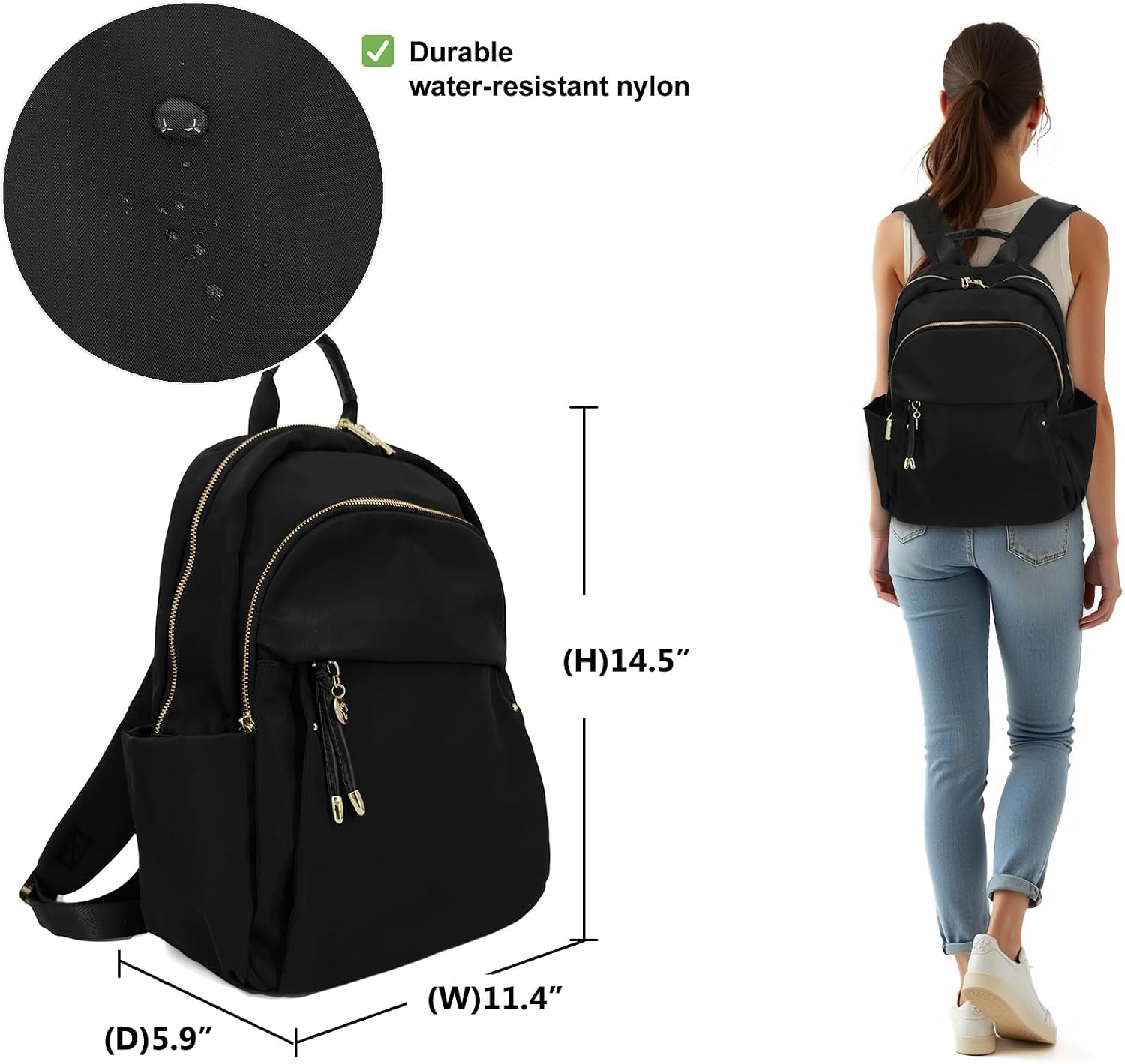 M-ioi-M Medium Backpack Purse for Women, Fashion Nylon Daypack with Gold Hardware, Lightweight Water-Resistant Rucksack for College, Work, Travel, Everyday Use, Fits 13–14" Laptop (Black, Medium)