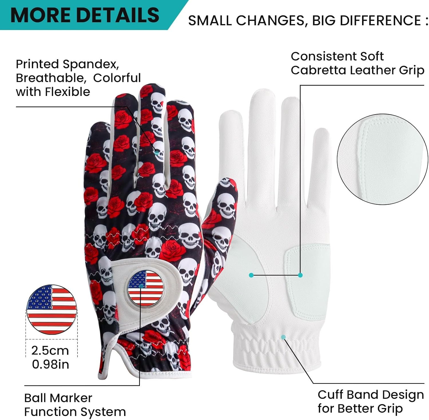 Golf Gloves Men Right Handed Golfer Left Hand Value 2 Pack, with 2 Ball Marker 1 Towel 6 USA Flag Golf Tees 3 1/4, Summer Breathable Glove Set for Mens