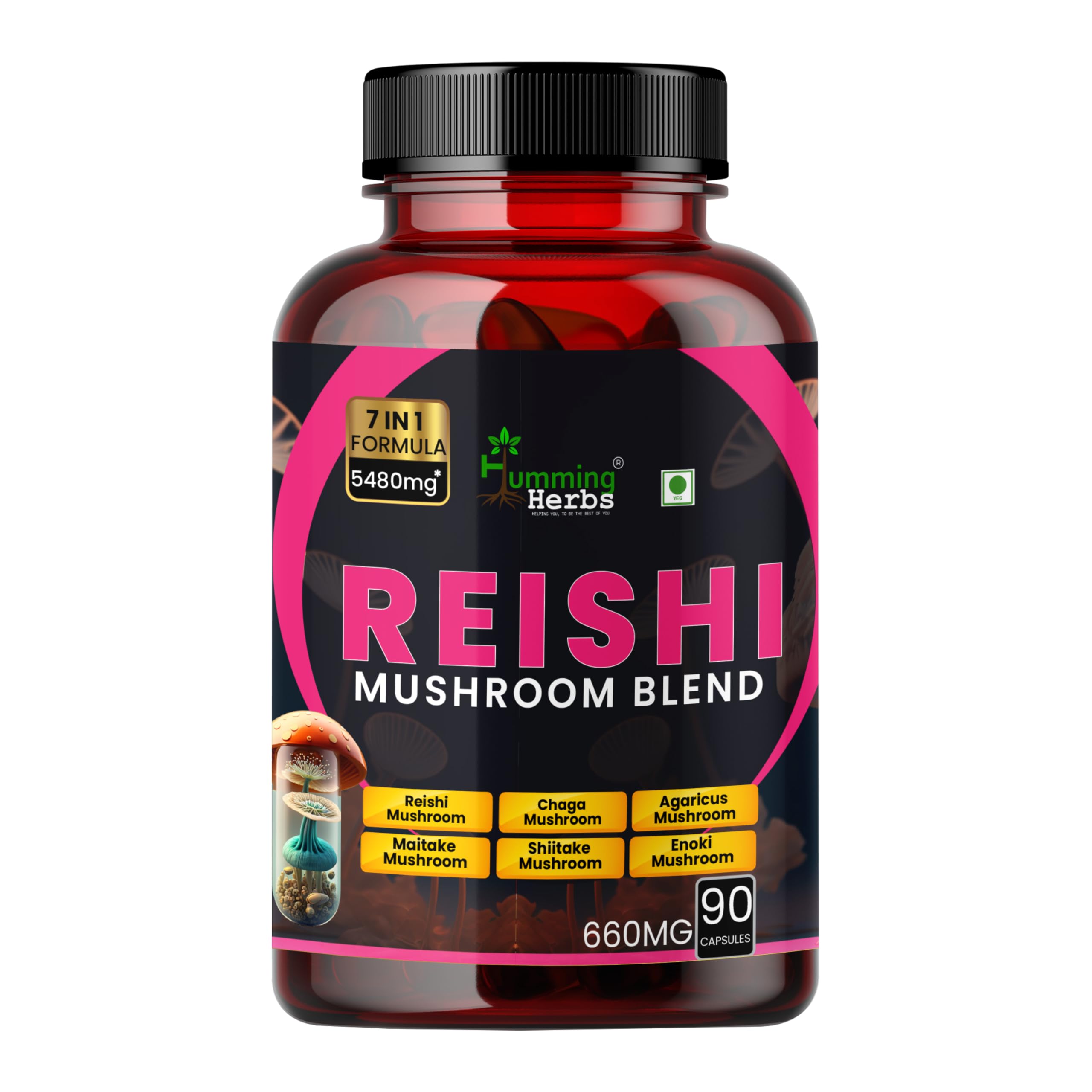Humming Herbs Reishi Mushroom supplement Reishi, Chaga, Turkey Tail, Maitake, Shiitake, Enoki, and Agaricus| 7in1 Immune Support Formula, 5480mg eqv - 90 cap-picture-18
