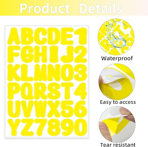 Miniatura 3 de Calcomanías de letras, 2 pulgadas, 16 hojas de calcomanías del alfabeto amarillo, calcomanías de vinilo autoadhesivas para números de buzón,