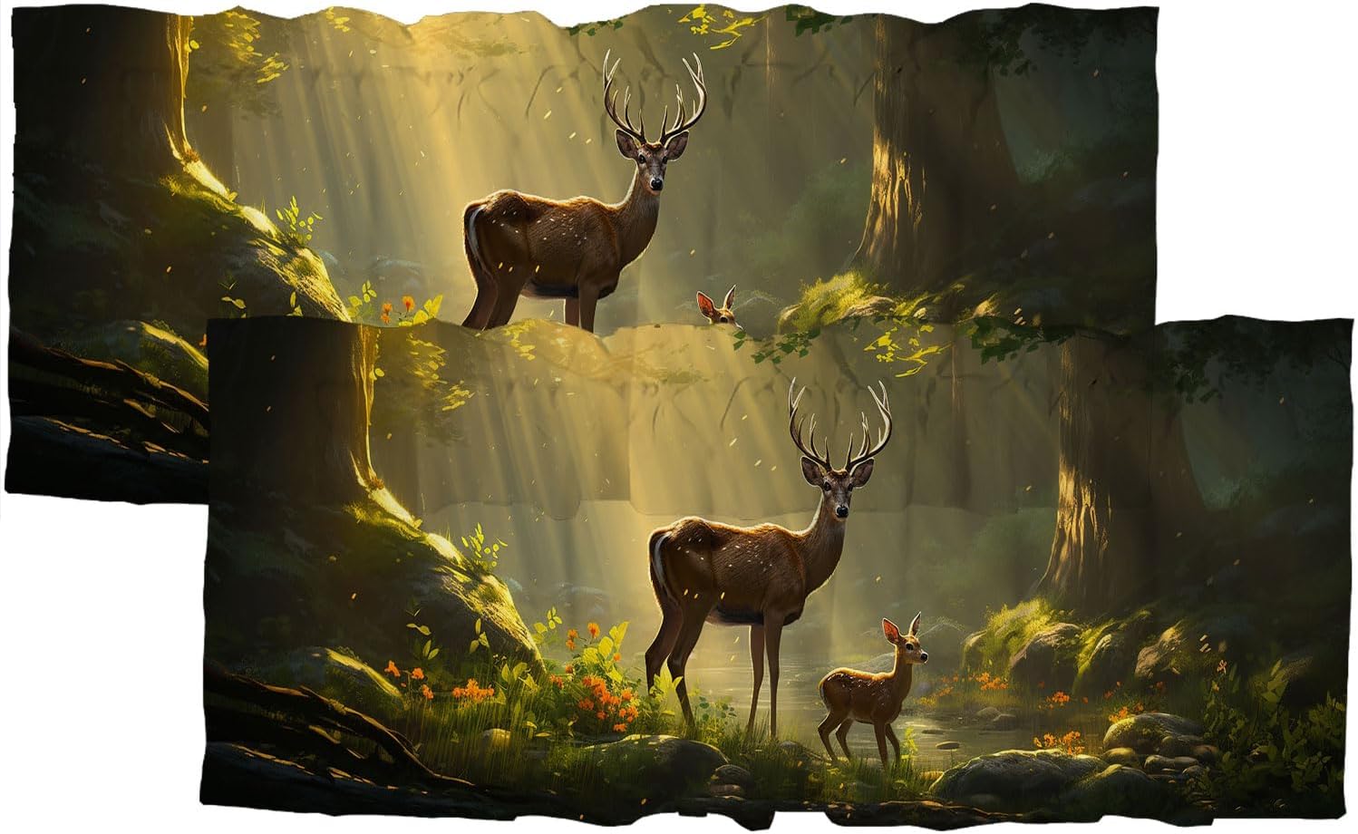 Forest Deer Rod Pocket Valances Curtains for Kitchen Foggy Woodland Tree Flowers Wild Animals Thermal Insulated Small Window Curtain for Kitchen Living Room Bedroom 54 x 18 Inch, 2 Panel