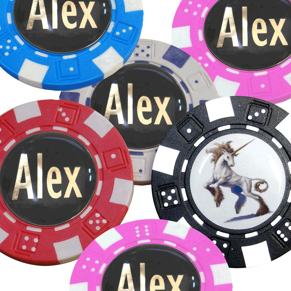 Best Impressions Personalised Poker Chip Golf Ball Markers (Pink Chips with White Bits, Gold Wording on Red Centre)