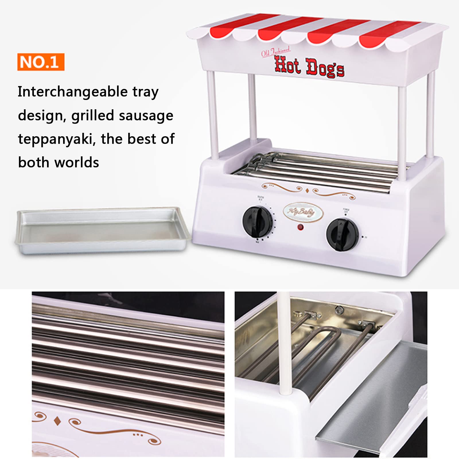 Calentador de perritos calientes de encimera, máquina para cocinar salchichas a la parrilla, 8 rodillos de acero inoxidable de tamaño regular, parte superior con espacio de almacenamiento, para salc