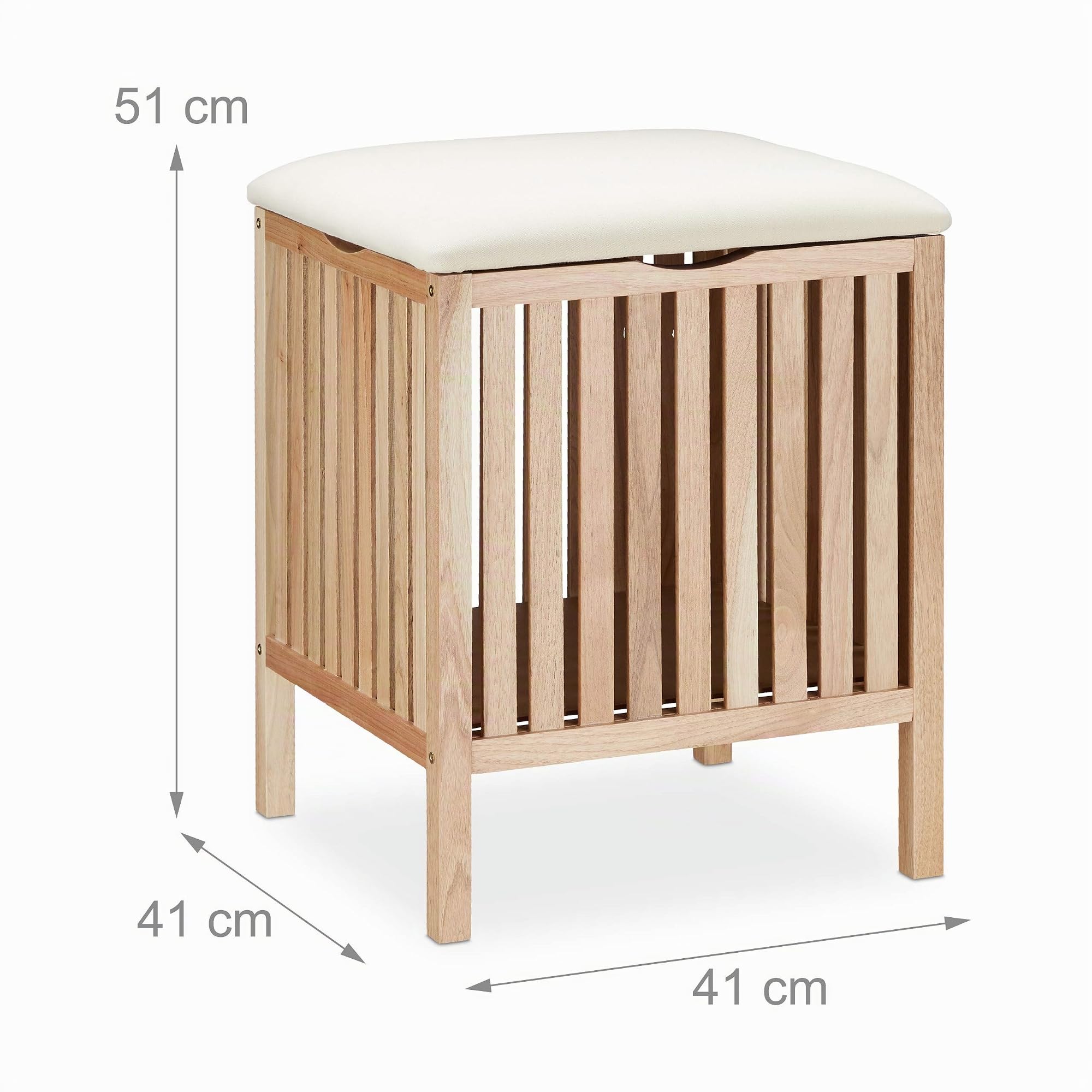 Relaxdays Taburete Cuadrado con Cesto Ropa Sucia, Banco Almacenaje Madera/Tela, Baño 40l, 51x41x41cm, Natural/Blanco