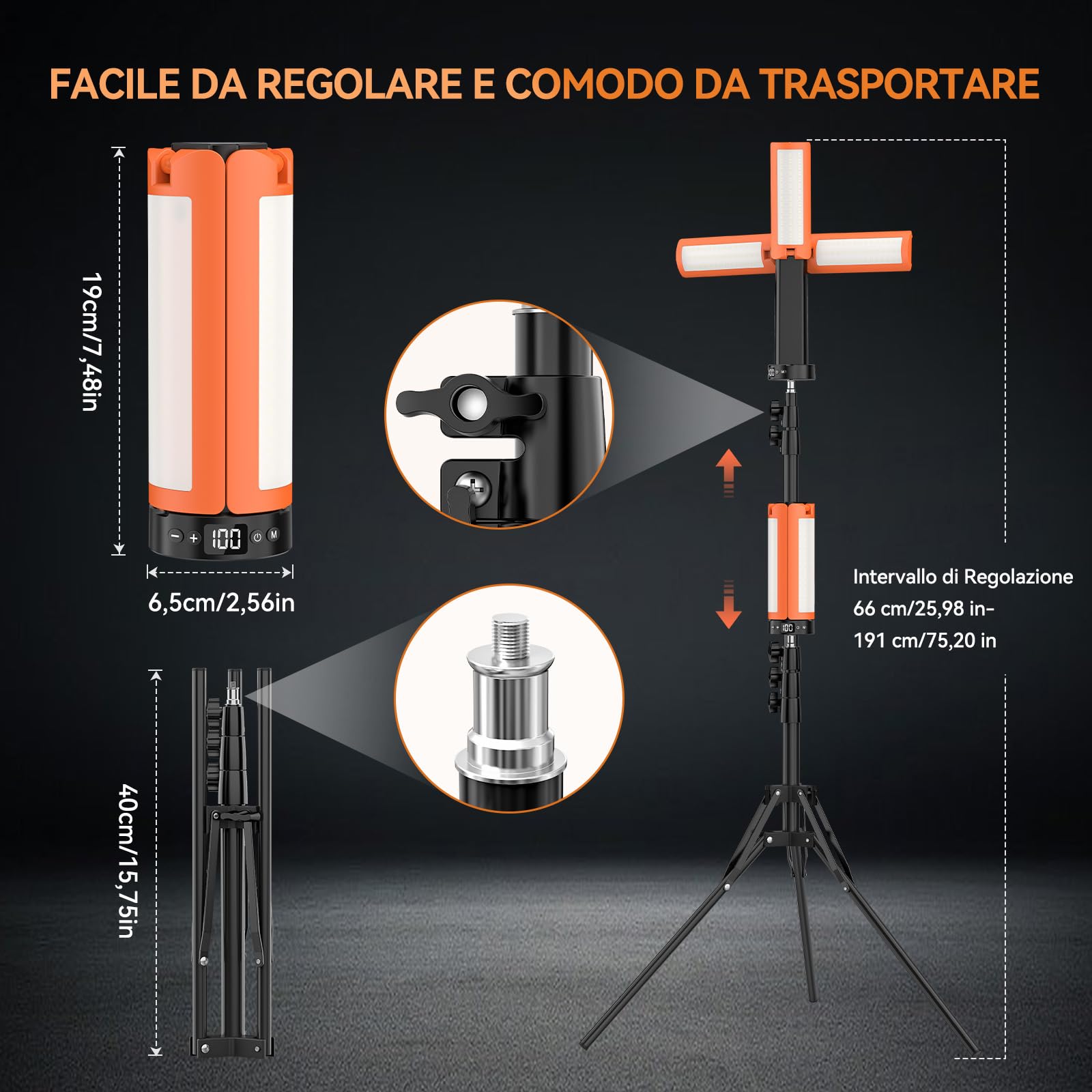 Lampada da campeggio ricaricabile con treppiede, 12000 mAh, 3 colori di luce, LED dimmerabile da 6000lm, IP65, adatta per officine, campeggio, cantieri edili e situazioni di emergenza.