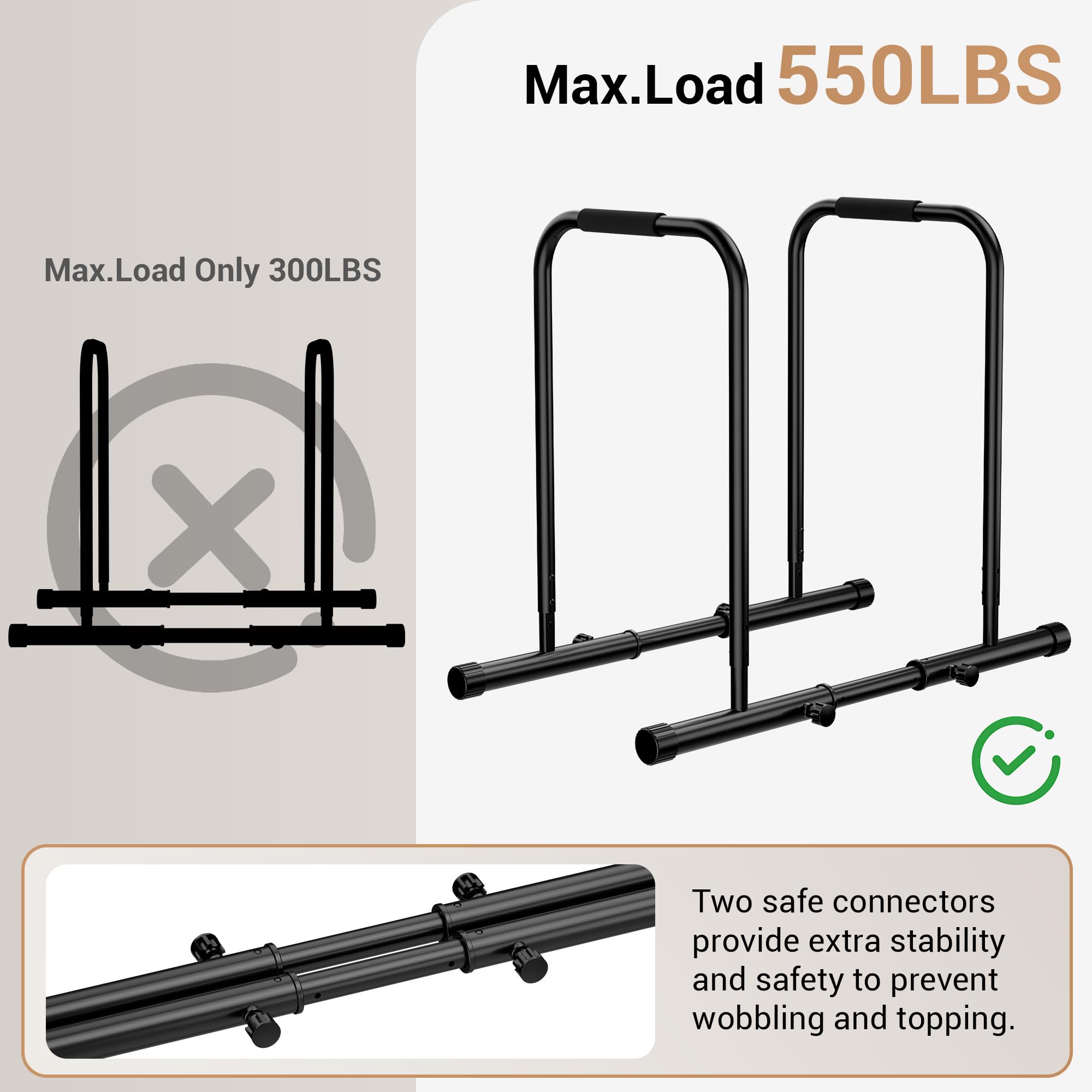 Barras Paralelas Ajustables para Fondos, Barras de Calistenia, Estación de Entrenamiento y Musculación para Casa, Altura 80,5-94 cm, Ancho 85-103 cm, Capacidad de Carga 249 kg