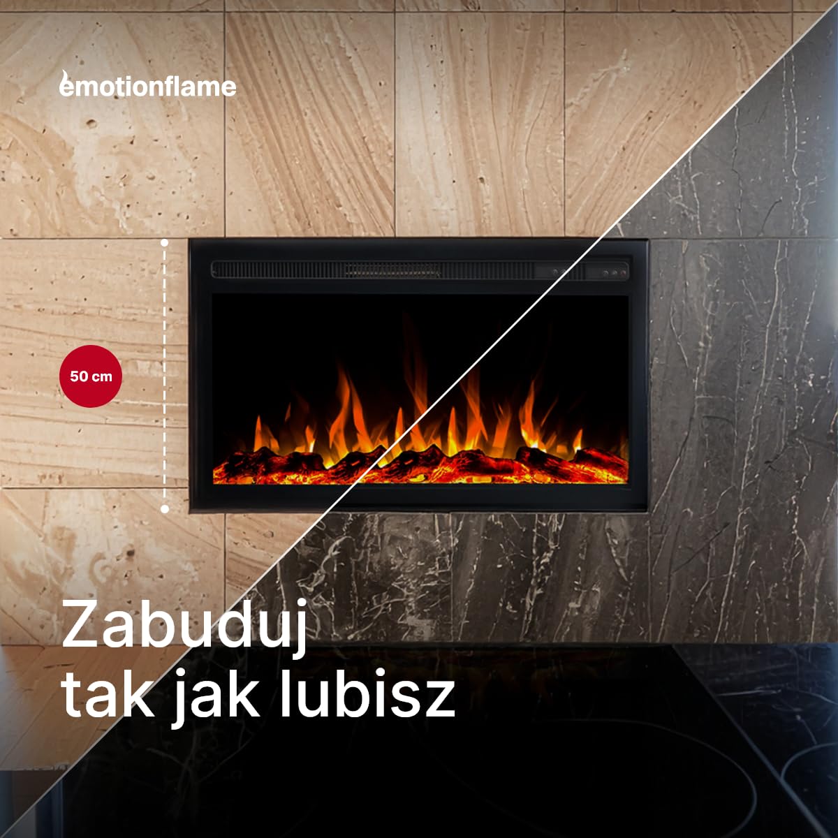 Wkład elektryczny Emotion Flame Infinity do kominka elektrycznego - ogień premium - do zabudowy - 71x14x50 cm - kominek LED z grzaniem 750/1500 W