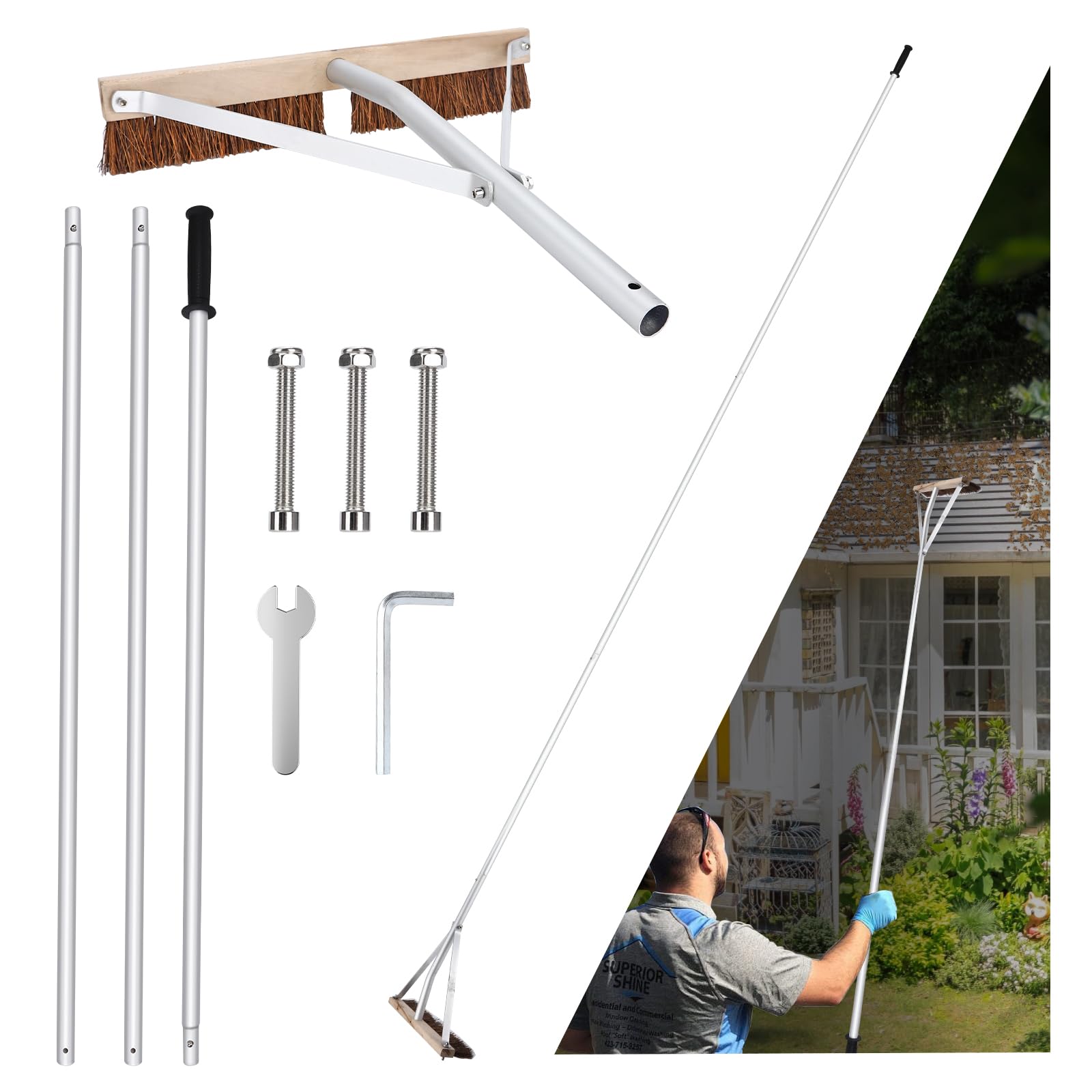 Roof Brush, Remove Roof Leaves and Snow Safely, 21 Foot Adjustable Length Roof Cleaning Tool, with Five Lightweight Aluminum Rods and a High-Strength Rigid Brush