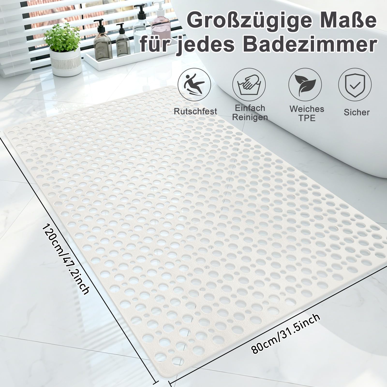 Tapis de douche antidérapant - 80 x 120 cm - En TPE souple - Antidérapant - Avec ventouses - Extra long - Sans BPA - Grand tapis de douche antidérapant à séchage rapide (grand blanc, 80 x 120 cm)