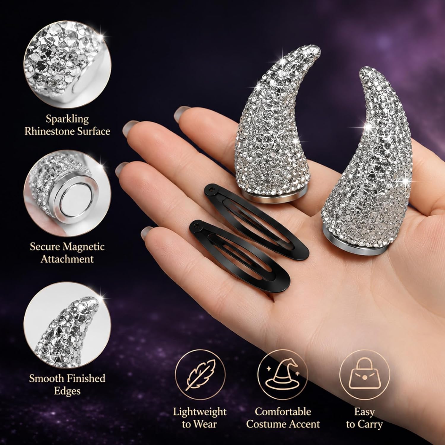 2Pcs Rhinestone Devil Magnetic Horn Hair Clips, Sparkly Cosplay Accessories image 3