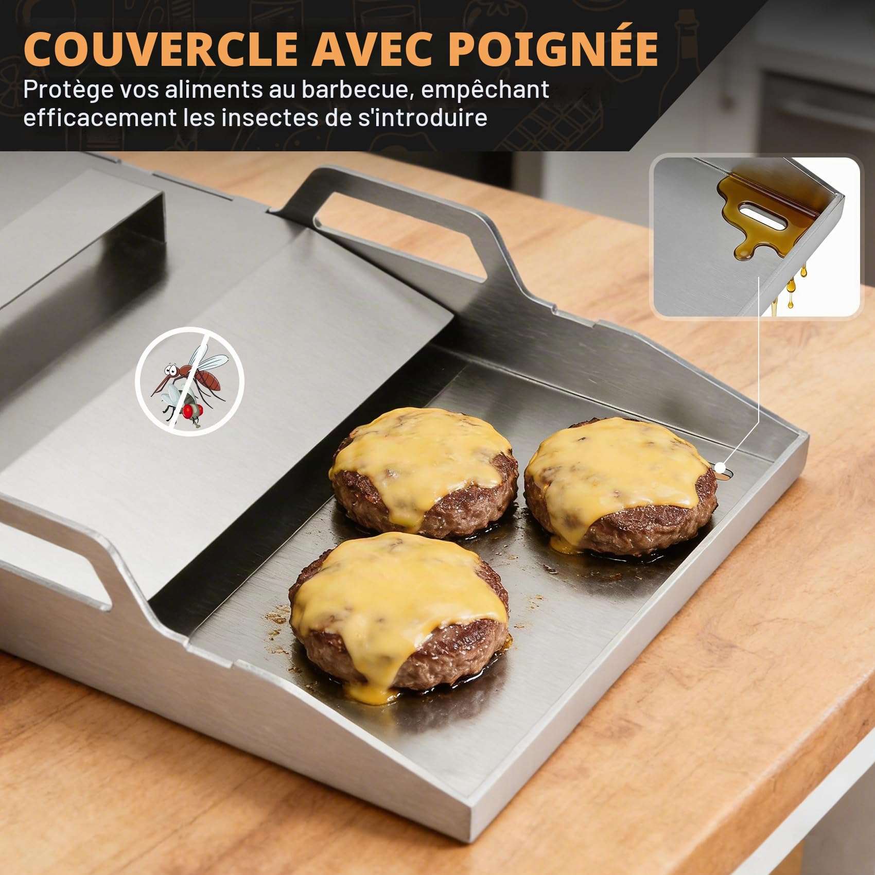 Onlyfire Plaque Plancha en INOX avec Couvercle et 2 Spatules, Plaque de Cuisson Professionnelle 40 x 30 cm pour Barbecue à Gaz, Épaisseur 4 mm avec Trou d'Écoulement d'Huile pour Cuisine Extérieure