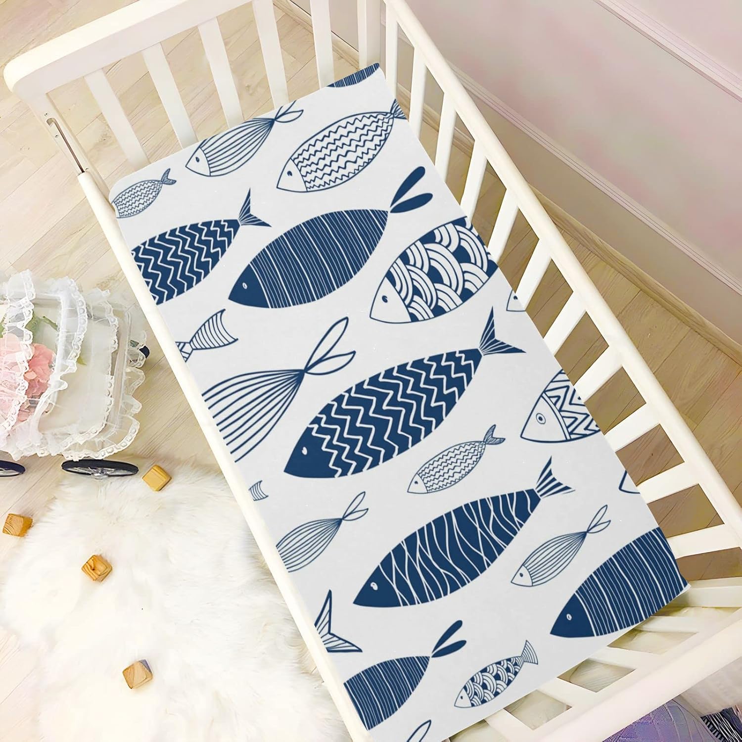 Fitted Crib Sheets for Boys Girls, Soft Breathable Comfortable Ornamental Fish Pattern Baby Sheet Set, Crib Sheets Fits Standard Crib and Toddler Mattress