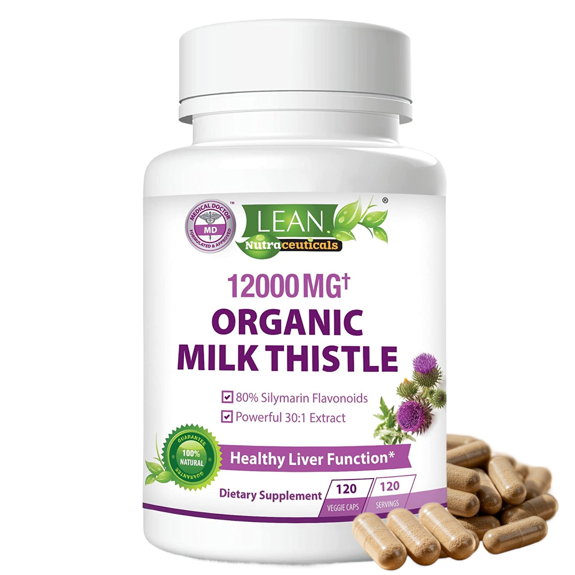 Milk Thistle Liver Cleanse Detox & Repair Support Organic Supplement, 12000 Mg 120 Day 30X Seed Extract with Silymarin, MD Super Ultra Herbal Kidney Lung Renew Aid Health Formula Pills, 120 Capsules