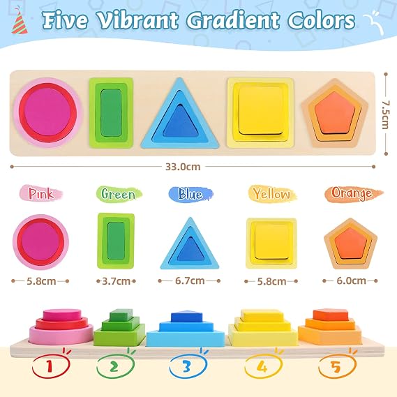 Montessori Toys for 1 Year Old Boys Girl, Wooden Colour Sorting Toddler Toy | Toys for 1 Year Old Boys, Colour Shape Sorter Geometric Stacking Blocks, Sensory Toddler Travel Toys Gift for Ages 1-3 Baby