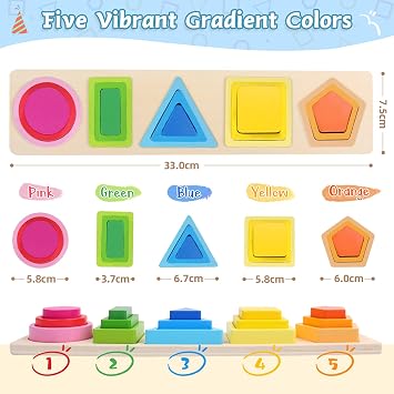 Montessori Toys for 1 Year Old Boys Girl, Wooden Colour Sorting Toddler Toy | Toys for 1 Year Old Boys, Colour Shape Sorter Geometric Stacking Blocks, Sensory Toddler Travel Toys Gift for Ages 1-3 Baby