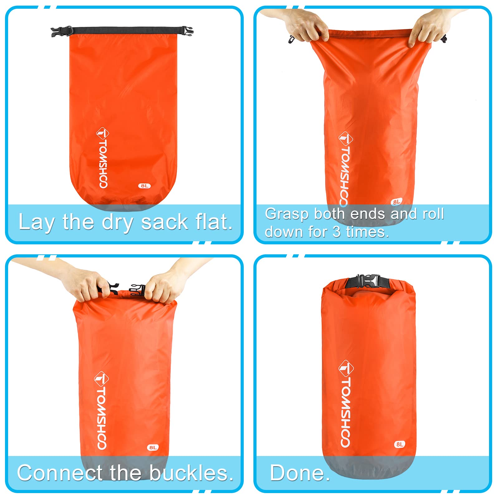 Pack 3 Sacs Étanches 2L + 4L + 8L - Ultra-Légers, Roll Top - Pour Randonnée, Kayak, Plage, Camping | Protection Anti-Eau (Éclaboussures)