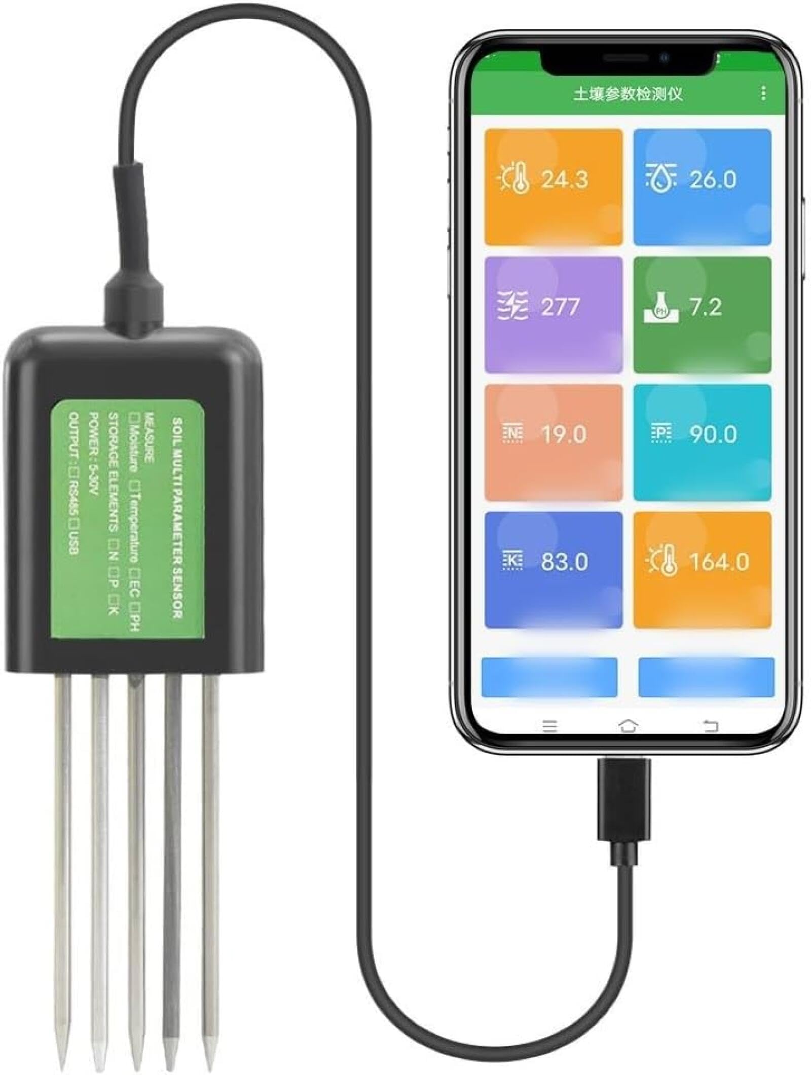 Probador de suelo 7 en 1, medidor de análisis de suelo digital USB para prueba de humedad de pH NPK para Android App compatible con cable de 1,5 m