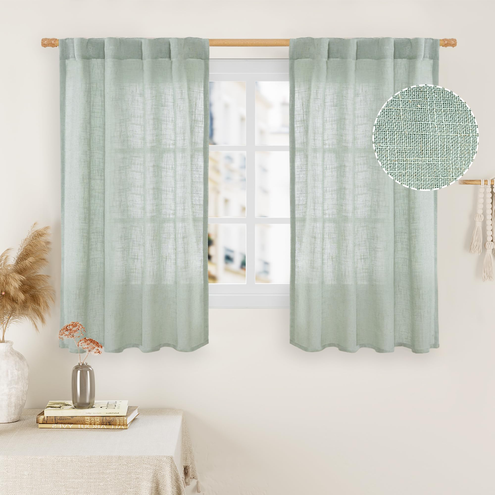 LAMIT Short Linen Window Curtains, Light Filtering Panels, Back Tab and Rod Pocket, Neutral Curtains for Cafe/Bathroom/Loft Space, 2 Panels, 34" x 48" — image 1
