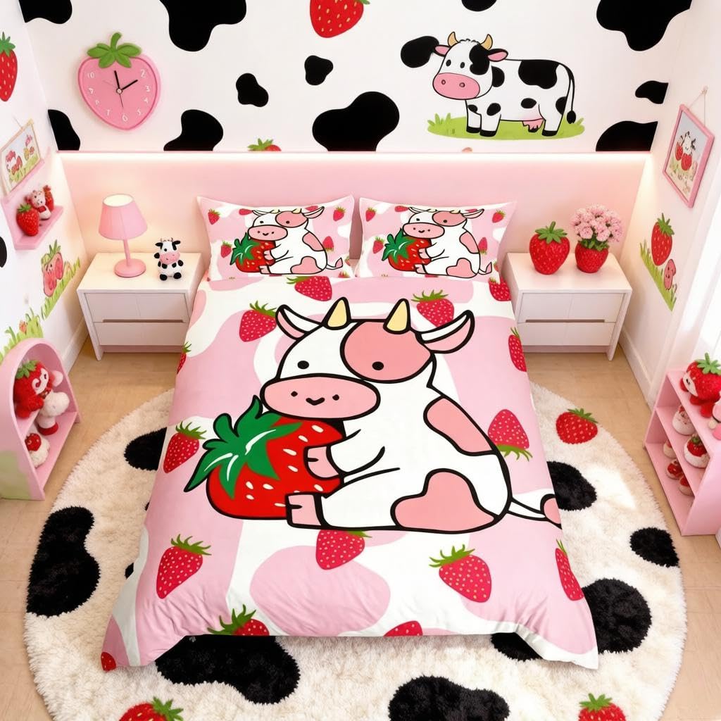 Loussiesd Milk Cow Duvet Cover Pink White Cow Strawberry Comforter Cover Bedding Set For Kids Adults Kawaii Girls Milk Cow Bedspread Cover Ultra Soft King Zipper — image 1