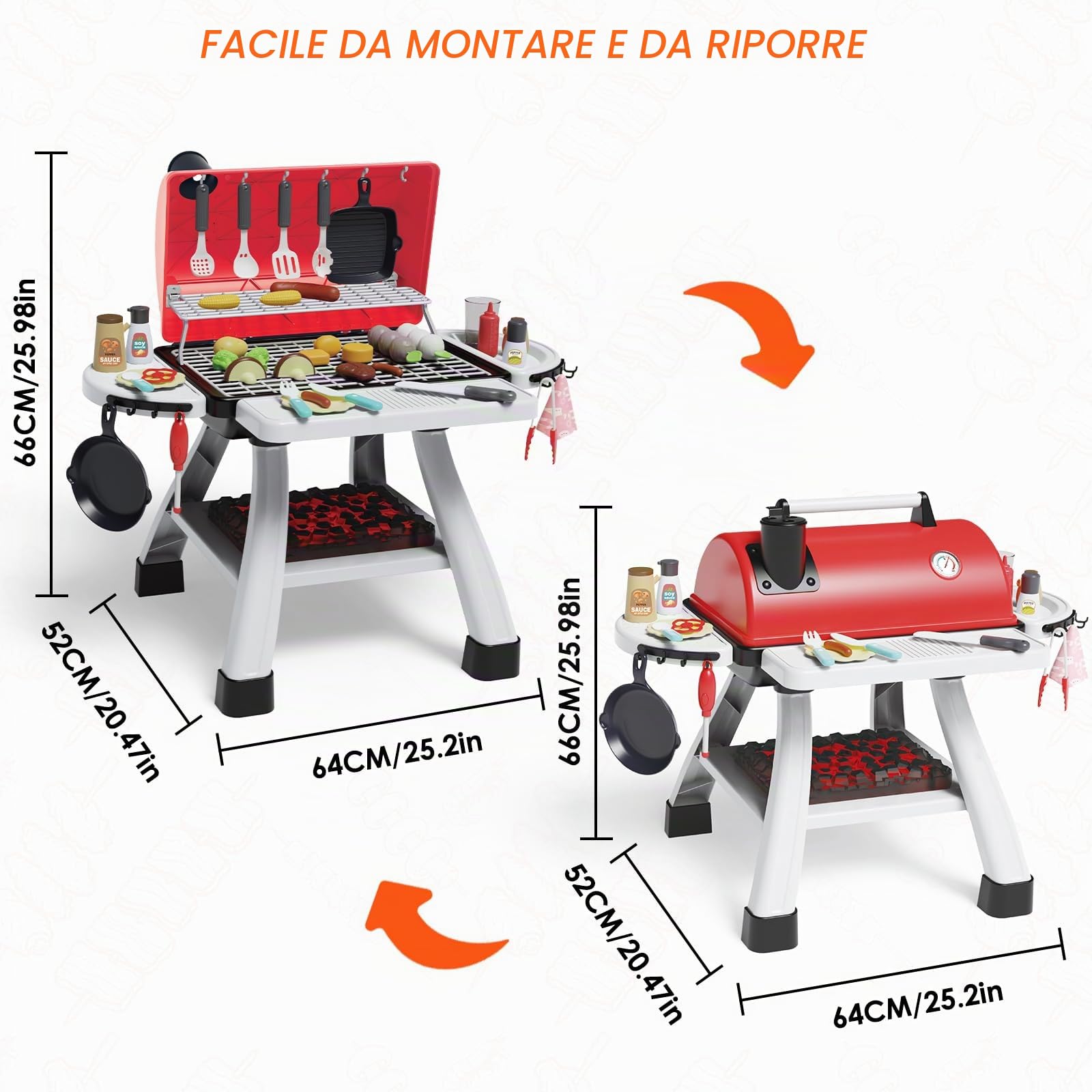 Set Cucina Gioco BBQ per Bambini, set da cucina per casetta all'aperto a 2 livelli, 41 pezzi di giocattoli alimentari interattivi per regali di Natale e di compleanno per bambini dai 2 agli 8 anni