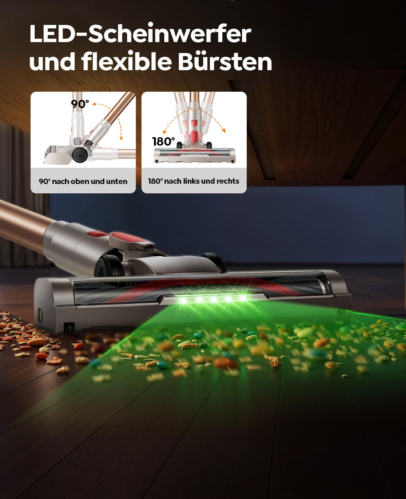 Akku Staubsauger,550W/45kPa/50Min Staubsauger Kabellos mit Flexibles Biegegelenk, HD-Display, Anti-Tangle-Bürste, Akkustaubsauger mit grünem LED-Licht Bürste für Teppiche,Hartböden und Tierhaare