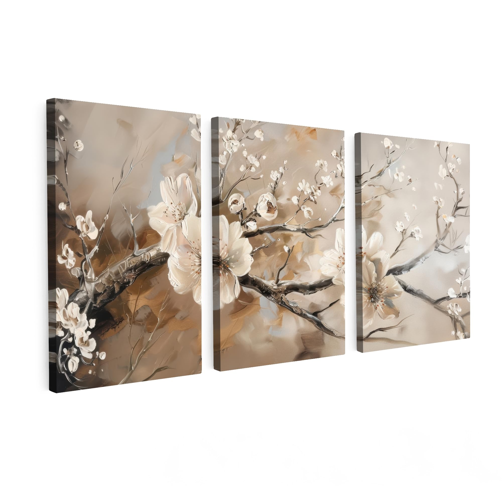 MuchoWow© Wandbilder 3er Set 120x60 cm Wohnzimmer Wanddeko Schlafzimmer Zimmerdeko Wandgemälde Zimmer Deko auf Wand Dekoration Leinwände Blüte - Beige - Abstrakt - Blumen