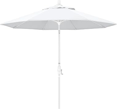California Umbrella 9 Round Aluminum Pole Fiberglass Rib Market Umbrella, Crank Lift, Collar Tilt, White Pole, White Olefin