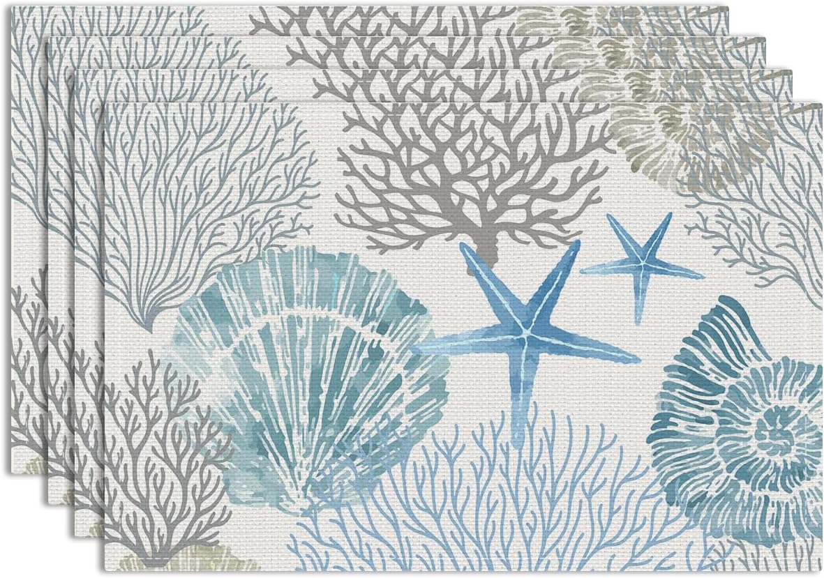 Blue Floral Branches Linen Placemats Set of 4, Chinoiserie Table Mats