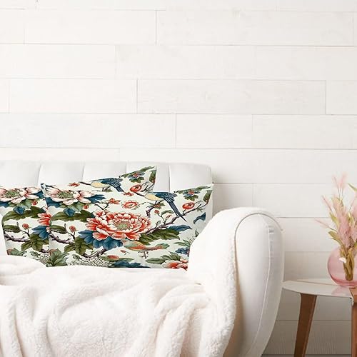 Miniatura 3 de MangGou Chinoiserie - Juego de 2 fundas de almohada lumbares asiáticas de 12 x 24 pulgadas, diseño floral de peonía y pájaro, color azul turquesa