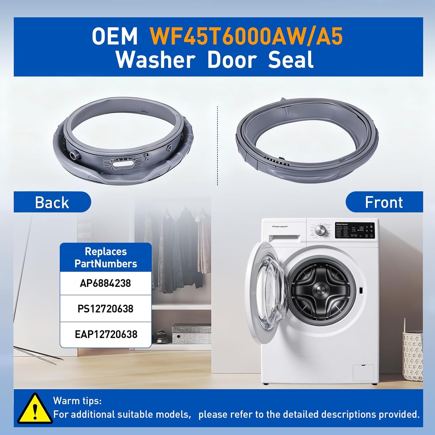 Upgraded WF45T6000AW/A5 Washer Door Seal for Samsung Front Loader Door Seal DC64-03788A X 006 AP6884238 Diaphragm WF45R6300AW WF45R6100AW WF45T6200AW WF45B6300AW WF45A6400 WF46BB670 WF50A860 - Image 3