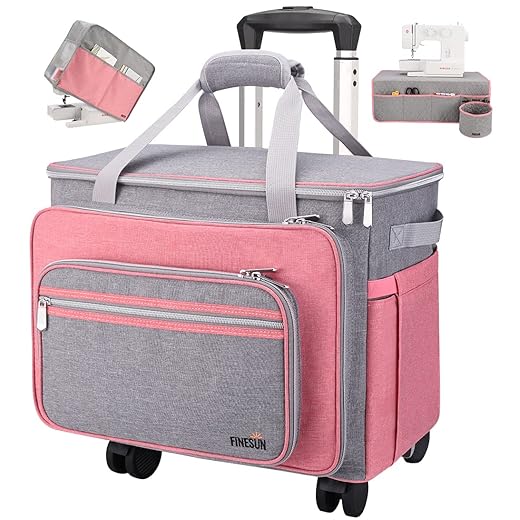 FINESUN Sewing Machine Case with Wheels, 3 in 1 Foldable Deluxe Rolling Sewing Machine Carrying Bag for Brother, Singer, Bernina and Most Machines,pink-grey, 3in1
