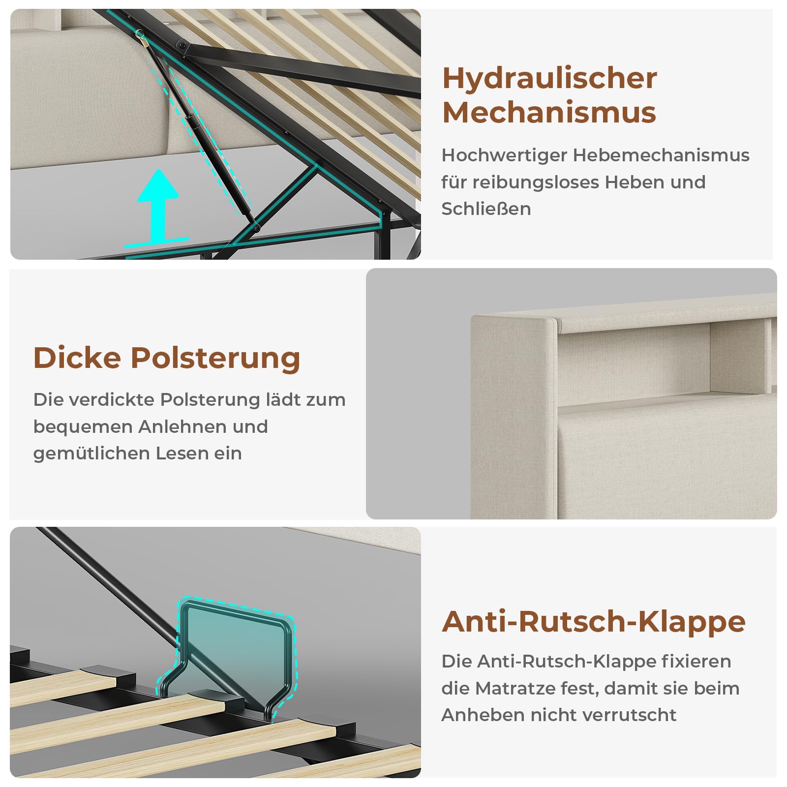 AOGLLATI Polsterbett Schlafsofa 140x200 mit USB-Steckdosen & hydraulischem Stauraum, Betten 140x200 mit LED-Kopfteil & Lattenrost, Kinderbett Tagesbett, Doppelbett, Leinen, Beige (ohne Matratze)