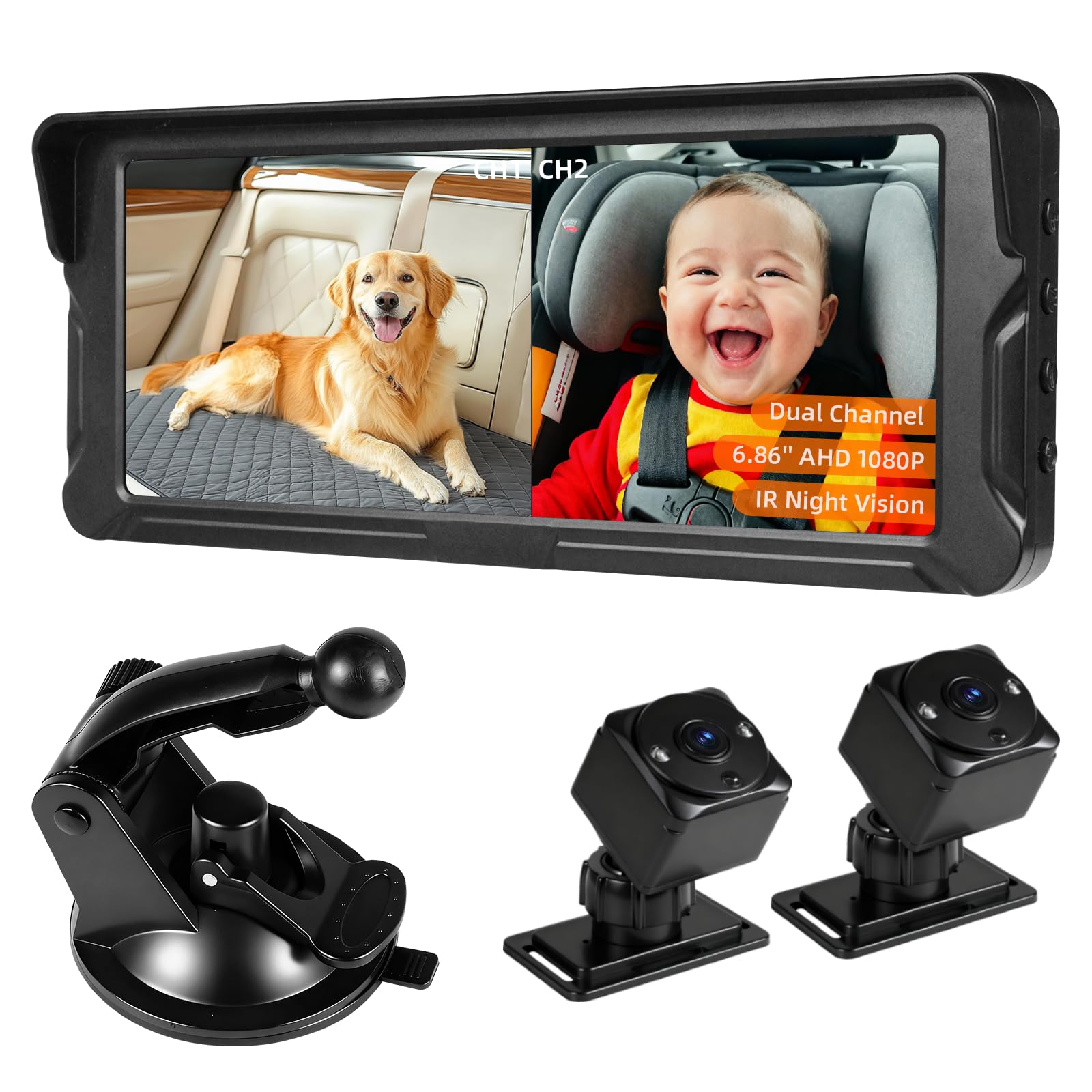 Photo 1 of Ecoyoca Baby Car Camera for 2 Kids 1080P Split-Screen Monitor Dual Cam Rear-Facing Cameras IR Night Vision 360° Rotatable Backseat Screen, Car Seat Mirror Alternative (0079 with 6.86in Monitor)