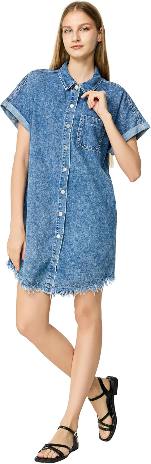 Denim Dress for Women Button Down Short Sleeves Casual Jean Shirt Dresses with Pockets Frayed Hem