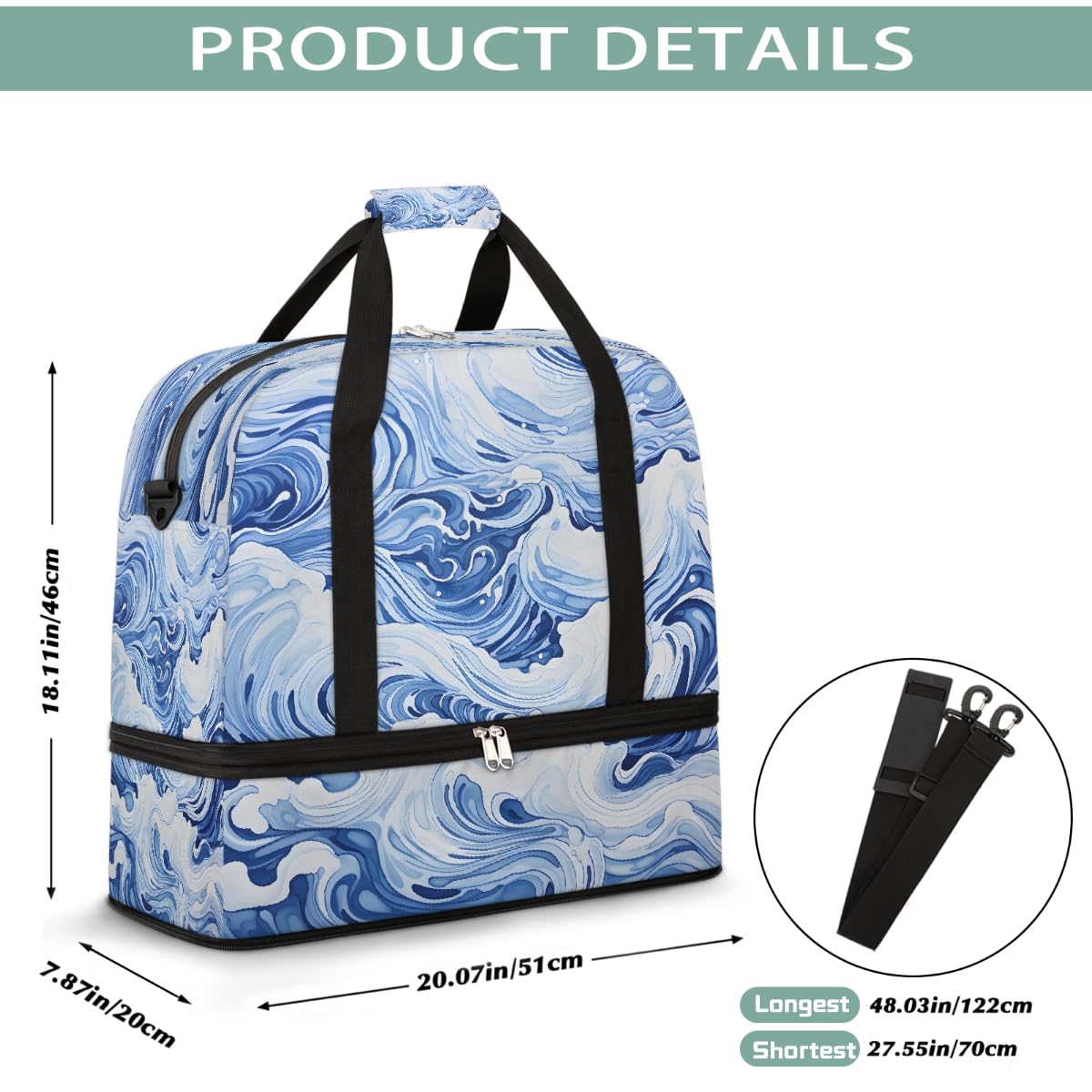 Borsone da viaggio pieghevole con motivo astratto a onde oceaniche, borsa da palestra espandibile con scomparto per scarpe, borsa da weekend di grande capacità, borsa da viaggio per sport, viaggi