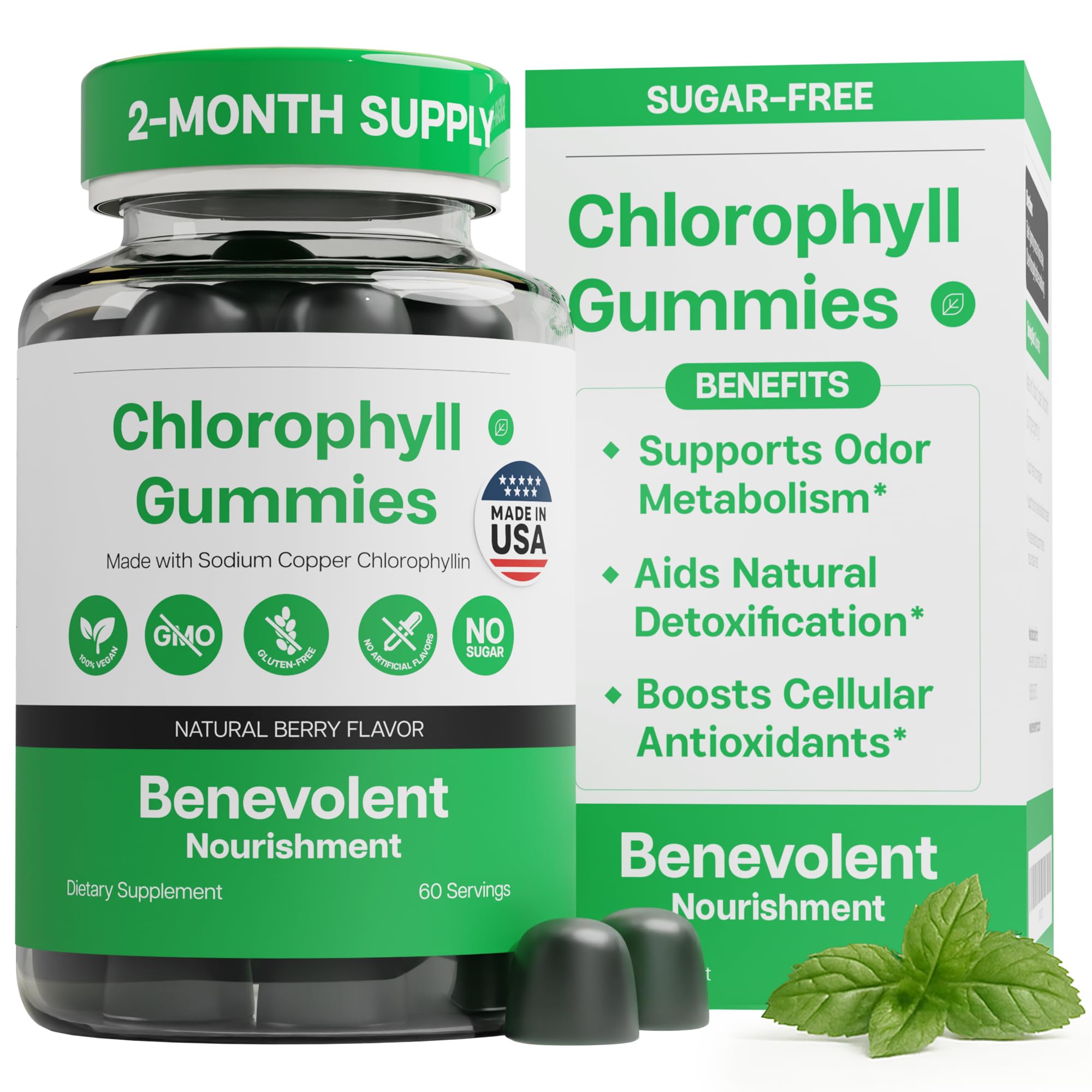Benevolent Nourishment Chlorophyll Supplement, Detox & Immune Support, Internal Deodorizer - Liquid Drops, Natural Mint Flavor, 4 Month Supply, 59ml