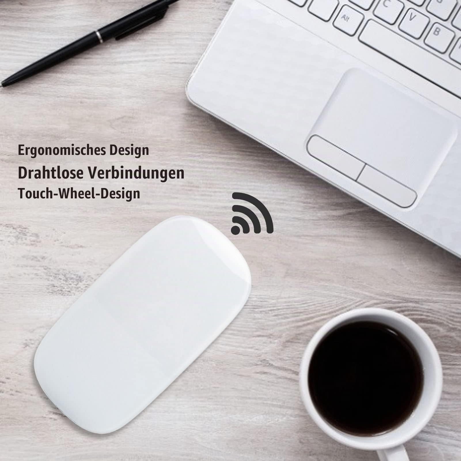 Bewinner Leise Kabellose Bluetooth-Maus, 1600 DPI Ultradünne Mit Touch Wheel, Tragbare Optische Mit Auswechselbarem, Für Laptop, Tablet, Desktop, PC (Weiß)
