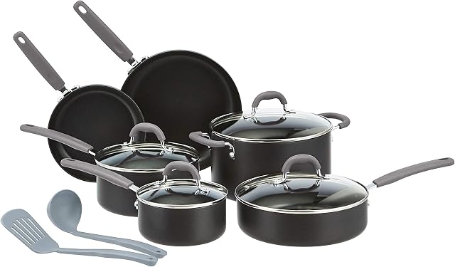 Amazon Basics Hard Anodised Non-Stick 12-Piece Cookware Set, Grey