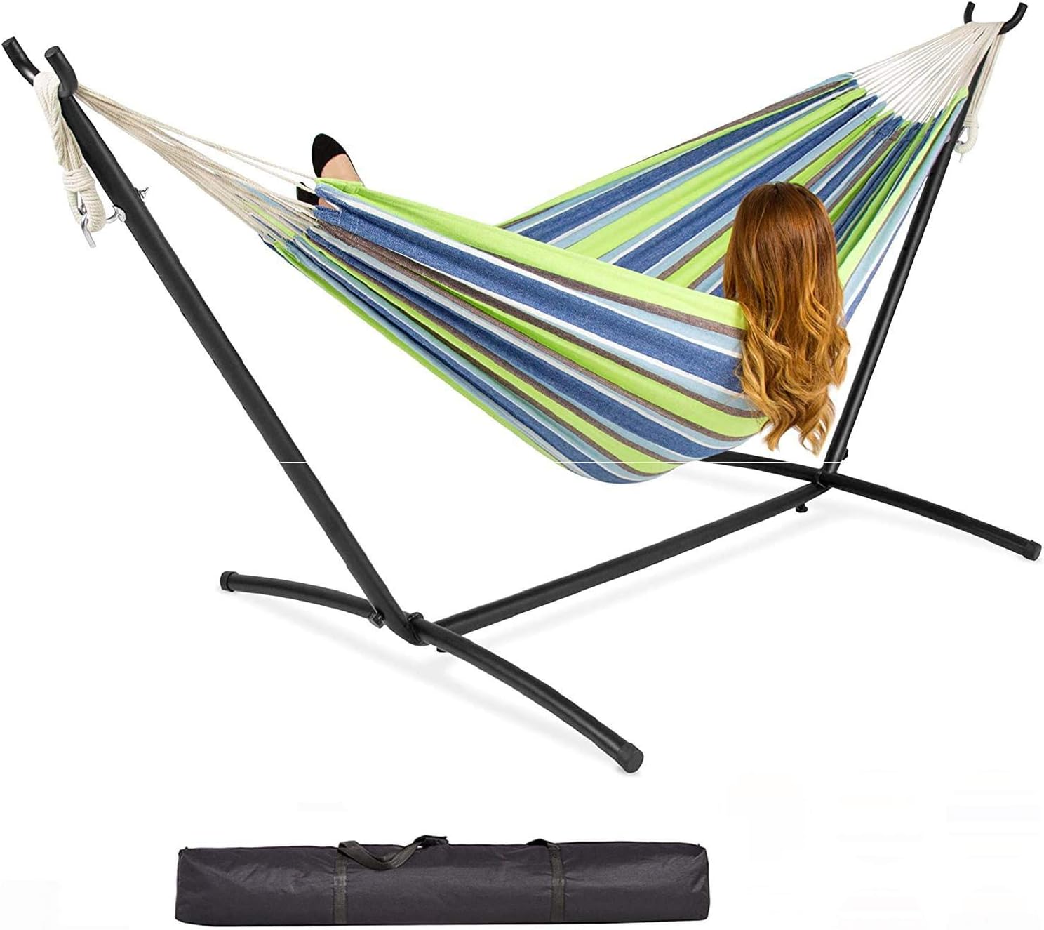Single Cotton Hammock Outdoor Camping Patio Bed Swing with Space Saving Steel Metal Stand Frame