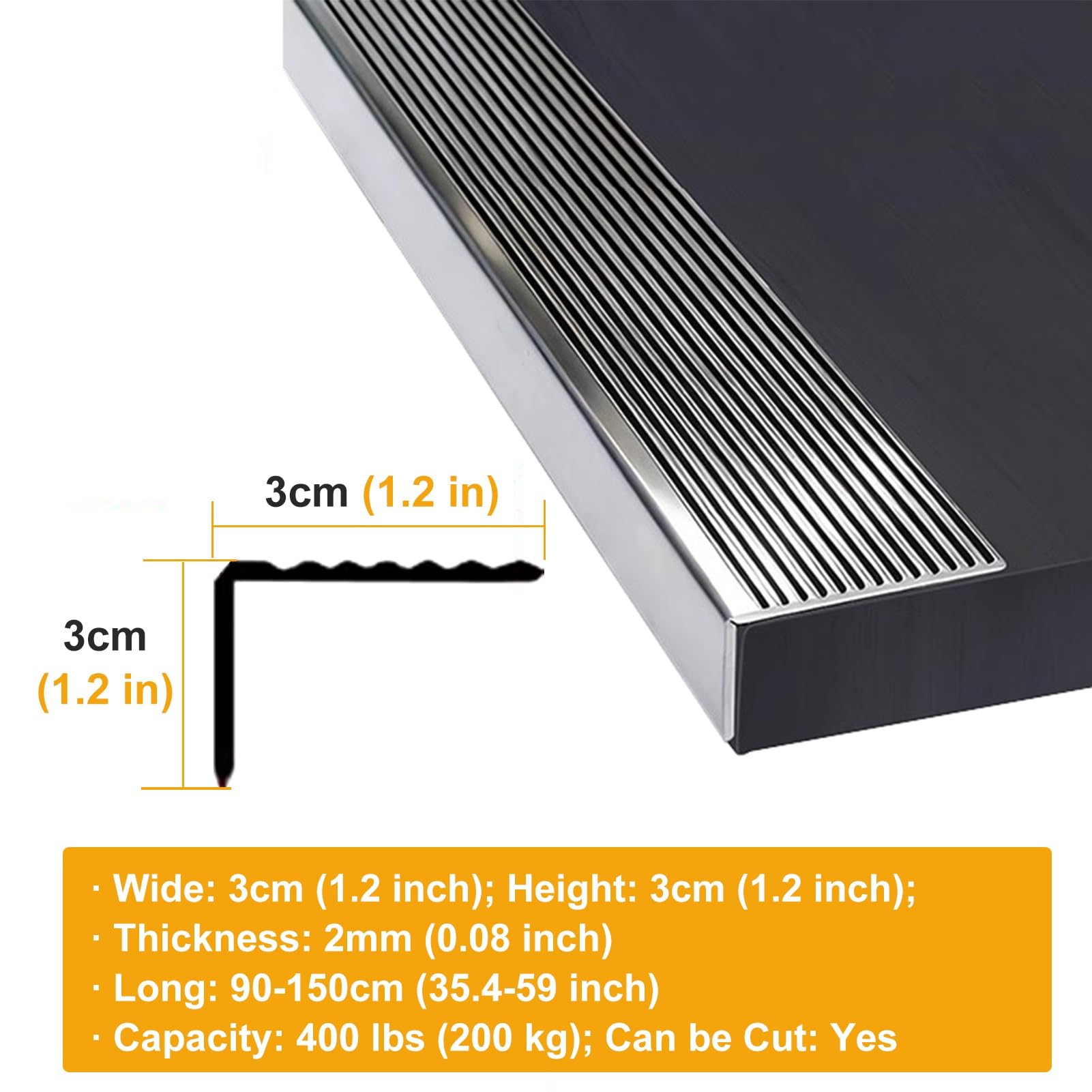 GTPBAO Perfil de transición Moldura De Puerta Resistente En Forma De L, Acero Inoxidable Borde De Escalera Antideslizante para Pisos De Madera Vinílicos Laminados, Ancho 3cm(130cm/51.2 Inch)