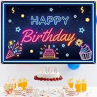 Vista 6 de Cartel de neón con texto en inglés "Happy Birthday", decoración temática de discoteca neón para decoración de fiesta Let's Glow para niños, niñas
