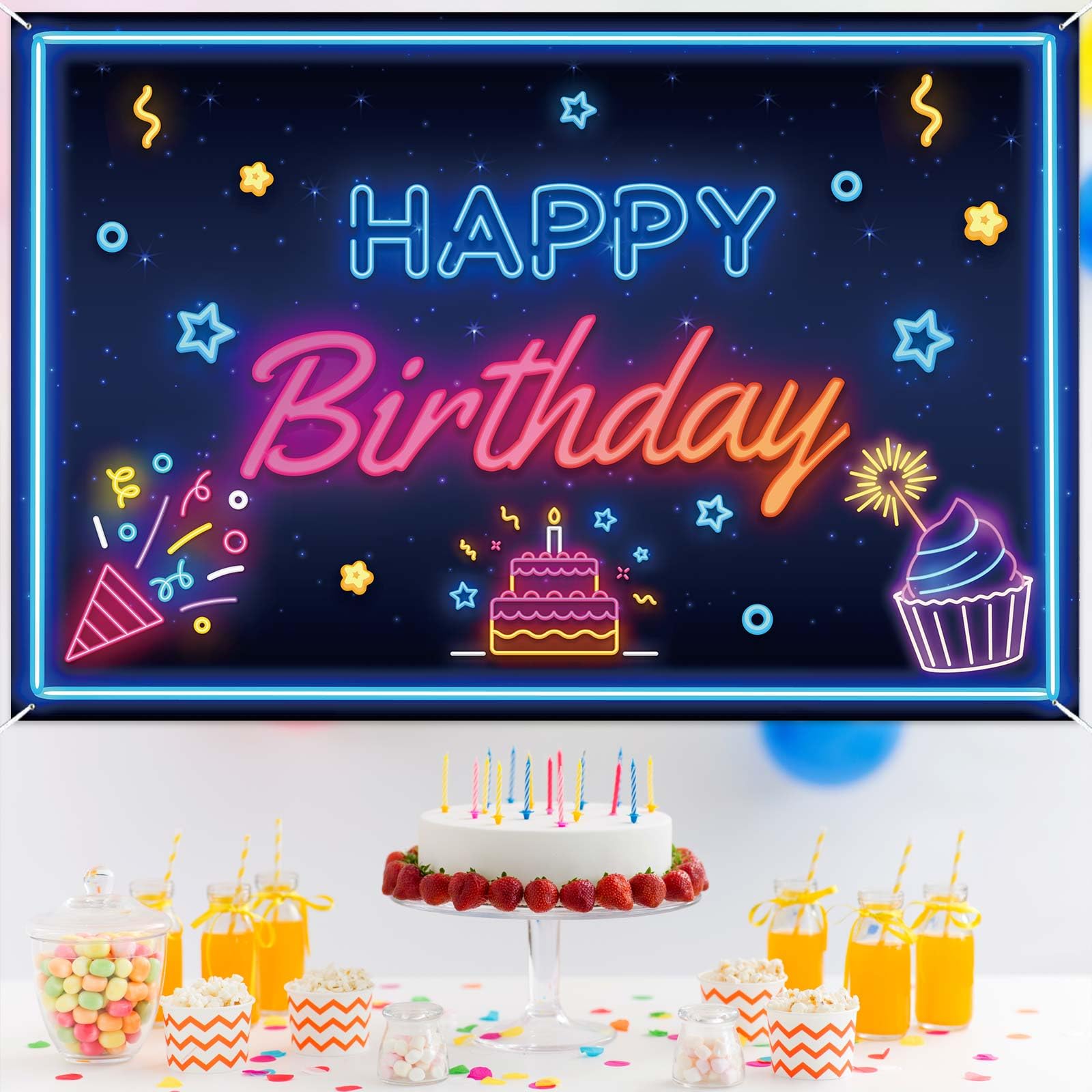 Aazon.co : Glow Neon Birthday Backdrop - Let's Glow Banner For Black