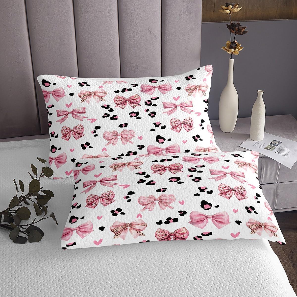 Erosebridal 3D Bow Quilt Set Queen Size for Kids Teens Adults,Kawaii Pink Bowknots Coverlet Set,Leopard Print Bedspread Set,Princess Style Bed Cover Bedroom Decor