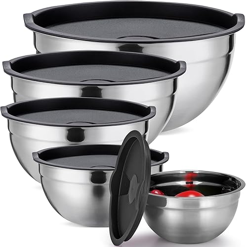 Strelitsia Juego de 5 tazones de mezcla de acero inoxidable con tapas herméticas, tamaño 5, 4, 3.5, 2, 1.5 cuartos de galón para hornear, cocinar,
