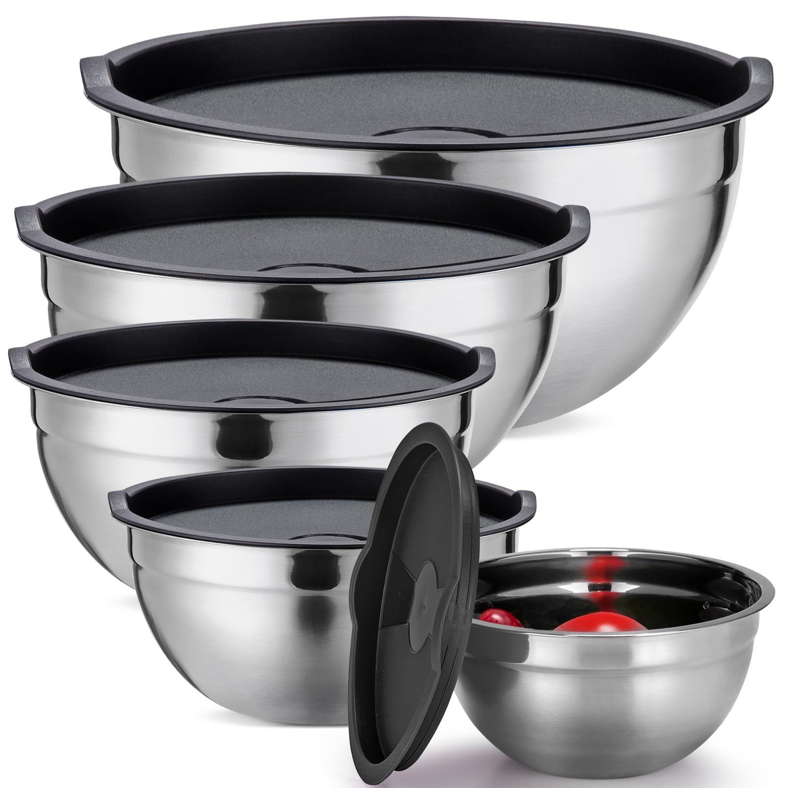 Strelitsia Mixing Bowls Set of 5,Stainless steel Nesting Bowls with Airtight Lids,Size 5, 4, 3.5, 2, 1.5QT for Baking,Cooking,Prepping and Saving Food (Black, 5 Pieces)